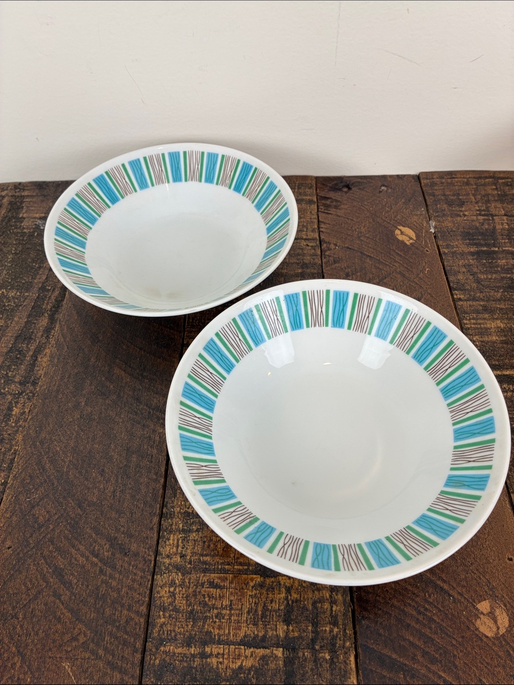 Harmony House Scandia White Ceramic Serving Bowls (2) Teal Green Stripe Border